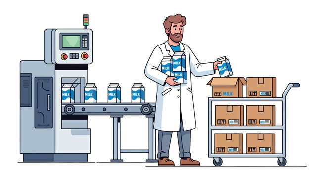 Man in lab coat working on production line with milk bottles and boxes, factory worker concept