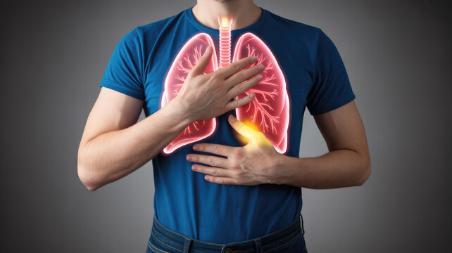 Man touching chest with glowing lungs anatomy illustration for medical diagnosis