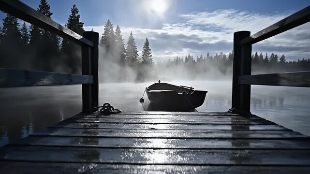 Misty morning lake scene with a wooden dock and a single rowboat