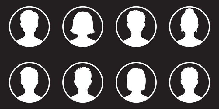 Avatar profile picture icon set with black silhouette of men and women headshots vector illustrations isolated on white. Black and White Icons of Male and Female Figures in Business Attire