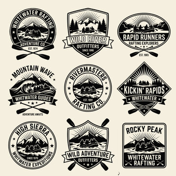 Collection of whitewater rafting and mountain adventure logos.