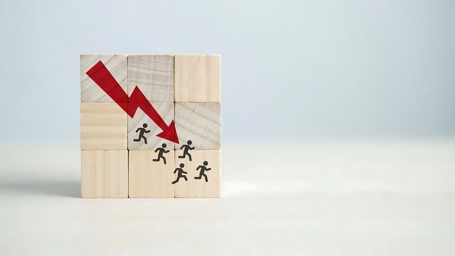 People running down a wooden block with a red arrow on it