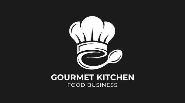 A gourmet kitchen logo with a chef's hat and spoon on a black background for a food business