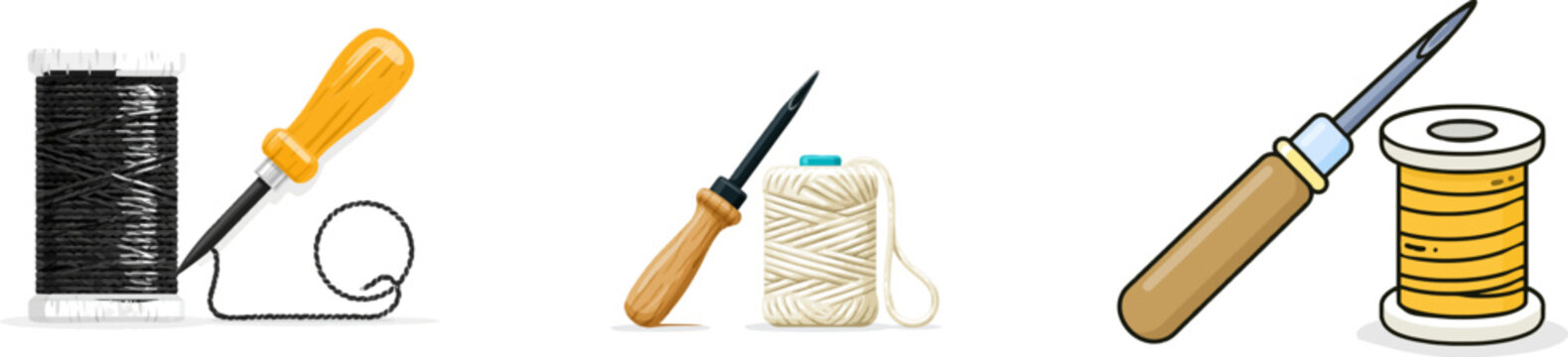 A traditional leathercraft awl tool with a wooden handle is depicted next to a spool of thick waxed thread, symbolizing the essence of artisan craftsmanship in flat vector art