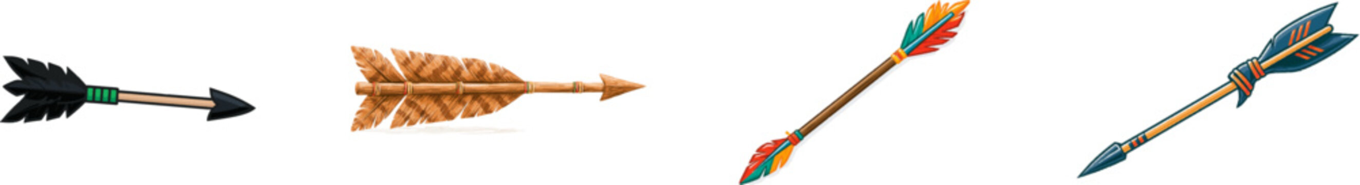 A vintage archery dart fletching features three crisp turkey feathers wrapped tightly to the wooden shaft with colorful waxed thread, set against a clean white background in a flat vector style