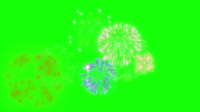 Fireworks burst in multiple directions creating a colorful light show against a green screen background to allow for seamless integration into various festive video projects.