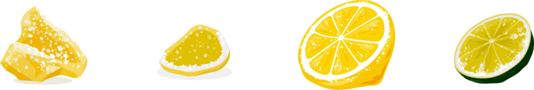A translucent yellow candied ginger slice with coarse crystalline sugar grains coats the fibrous, spicy organic ginger root texture, isolated on a solid white background in flat vector style macro