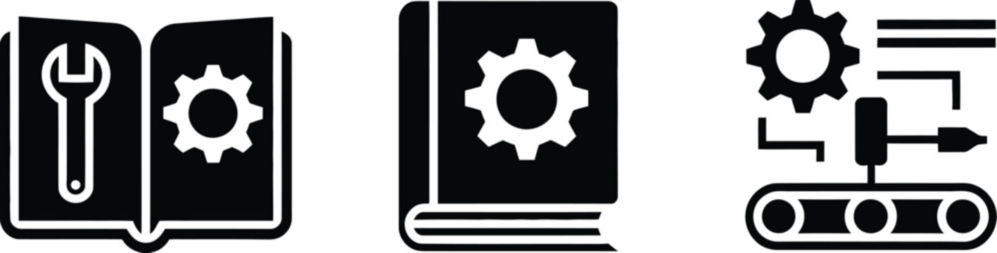 User guide, and technical manual icons set, documentation instruction book and help system vector symbols.