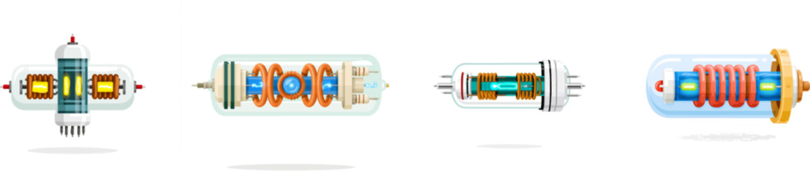 A flat vector illustration of an vintage cathode ray tube CRT glass monitors internal electron gun assembly features copper coils, glowing filaments, and clean lines against a solid white background