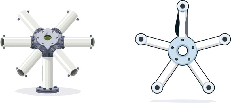 A flat vector illustration of a geodesic dome connector hub features multiple steel strut pipes bolted into a central circular metal star plate against a solid white background