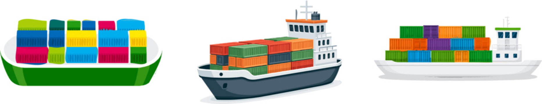 A flat vector illustration depicts a commercial barge deck loaded with neatly stacked colorful shipping containers and bulk industrial cargo, set against a clean white background