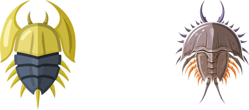 A flat vector illustration of an alien-like horseshoe crab carapace showcases its distinctive domed shape, sharp spines, and rigid segments against a solid white background