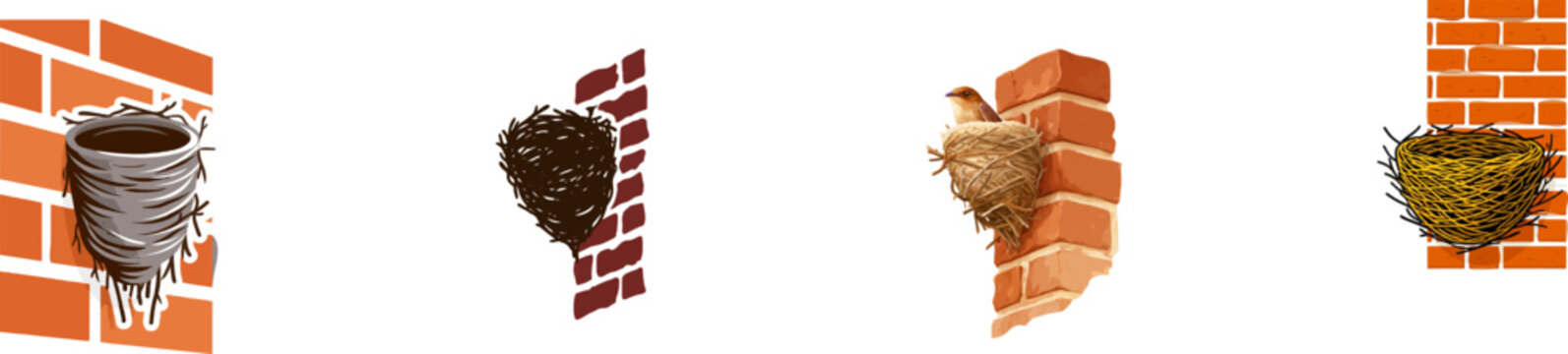 A flat vector illustration of a chimney swift birds nest, crafted from twigs glued with saliva, securely attached to a vertical red brick wall texture on a solid white background