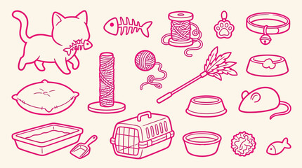 Collection of cute cartoon cat accessories and toys, perfect for pet care and feline themes. © Clara
