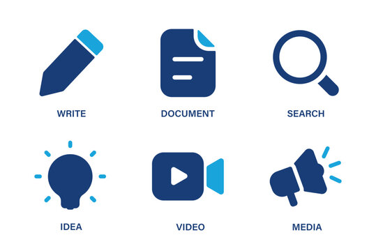 Content theme icons such as write, document, search, idea, video, media. Solid vector icon set.