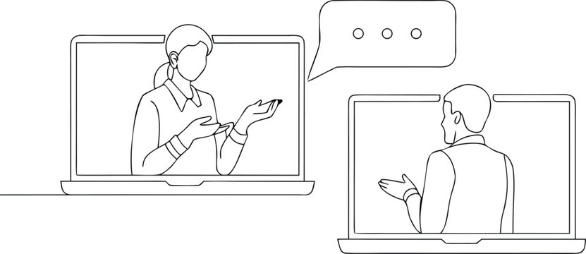 Minimalist continuous line art showing two people conducting online meeting through laptop screens for remote discussion.