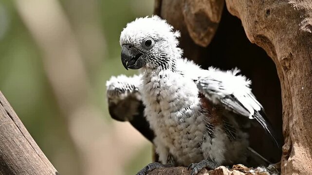 Young Cockatoo Chick Stretching Its Small Wings Near A Nest Hollow In Natural Habitat