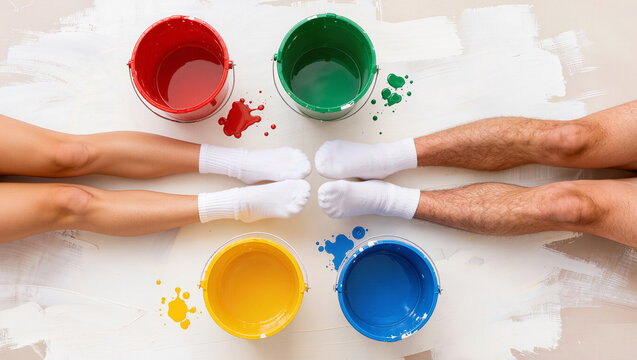 People with forearms in white socks holding hands over paint cans