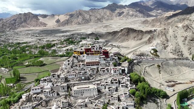 Aerial View of Thiksey Monastery and Indus Valley in Ladakh India