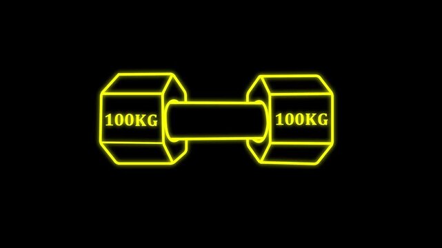 Dumbbell simple clipart, 100 kg weight and gym icon neon line animation Isolated . Muscle lifting, fitness barbell, weight, crossbar gym, sports equipment symbol, exercise barbell.black background