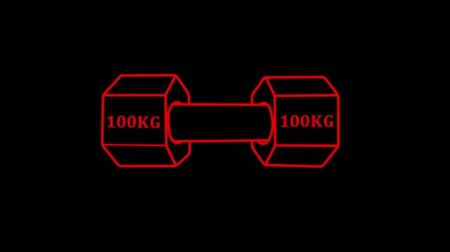 Dumbbell simple clipart, 100 kg weight and gym icon neon line animation Isolated . Muscle lifting, fitness barbell, weight, crossbar gym, sports equipment symbol, exercise barbell.black background
