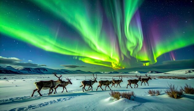 Aurora borealis illuminating reindeer herd in snowy tundra.