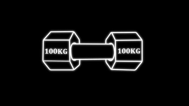 Dumbbell simple clipart, 100 kg weight and gym icon neon line animation Isolated . Muscle lifting, fitness barbell, weight, crossbar gym, sports equipment symbol, exercise barbell.black background
