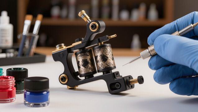 Professional Tattoo Machine and Hand Holding Needle in Studio Setup
