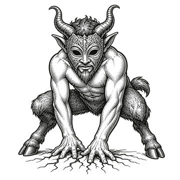 Crouching horned demon illustration with piercing gaze.