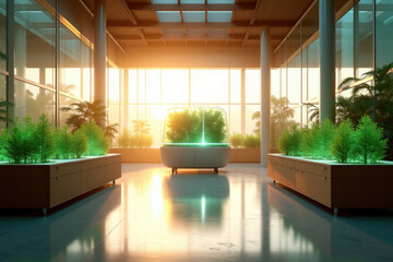 Naklejka premium Modern Atrium with Lush Green Plants and Warm Sunlight