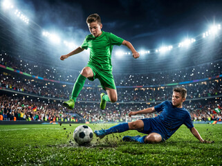Naklejka premium Kids on a soccer stadium. Mixed media
