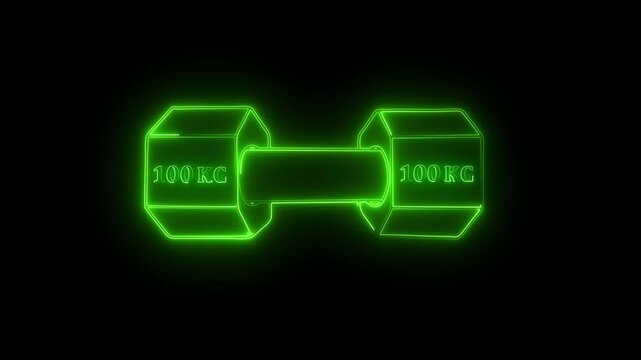 Dumbbell simple clipart, 100 kg weight and gym icon neon line animation Isolated . Muscle lifting, fitness barbell, weight, crossbar gym, sports equipment symbol, exercise barbell.black background