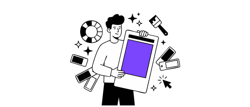 Mobile UI UX design developer holding smartphone screen mockup for app development, graphic designer workspace concept with color swatches and paint brush tools in minimal outline vector style layout.