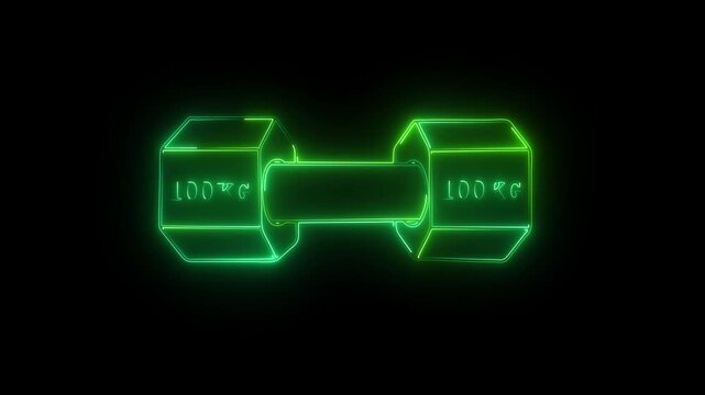 Dumbbell simple clipart, 100 kg weight and gym icon neon line animation Isolated . Muscle lifting, fitness barbell, weight, crossbar gym, sports equipment symbol, exercise barbell.black background