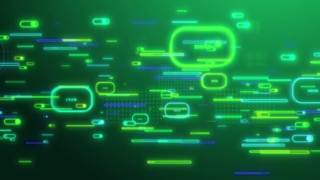 Digital data stream flow abstract background neon lights technology cyber security matrix interface futuristic glowing green blue motion graphics