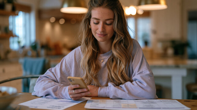 Parent reviewing a co-parenting app on phone at kitchen table with a printed shared custody calendar beside it, divorced coordination, modern coparenting tools, parallel parenting
