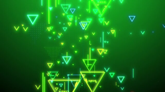 Neon green digital triangles falling data stream abstract background technology matrix cyberspace futuristic glow animation stock market