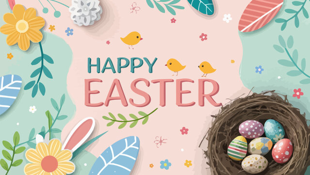 Colorful easter celebration with eggs in nest and happy birds on pastel background with flowers and leaves