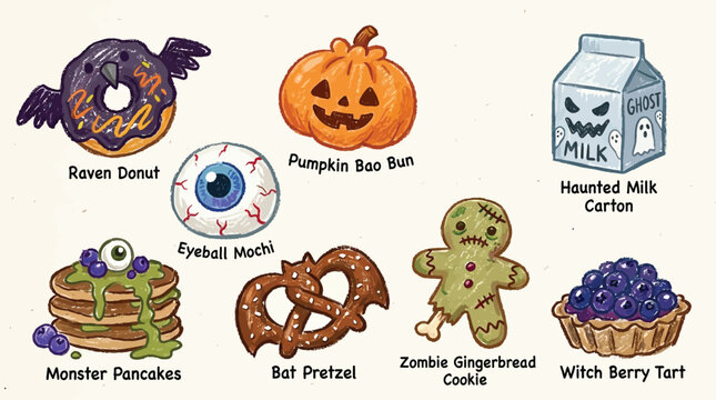 A collection of cute and spooky Halloween-themed treats including a raven donut, pumpkin bun, haunted milk, monster pancakes, eyeball mochi, pretzel, zombie cookie, and witch tart.