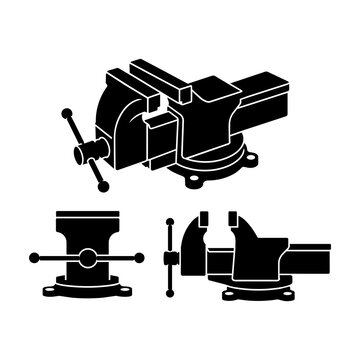 Workshop Equipment and Power Tools Collection - Bench Vise Black and White Vector Illustration