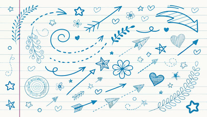 Fototapeta premium A blue doodle design on lined paper with arrows, stars, hearts, flowers, and leaves in a whimsical sketch
