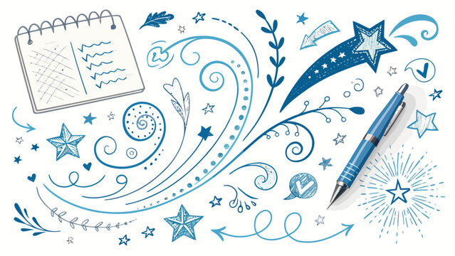 A blue and white illustration of a notebook and pen with various decorative elements such as stars, swirls, and arrows