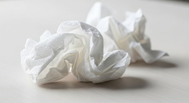 Crumpled tissue paper on light surface, showing texture and creases. Crumpled tissue paper creates a minimalistic look in design. Ideal for concepts involving cleanliness or waste management.