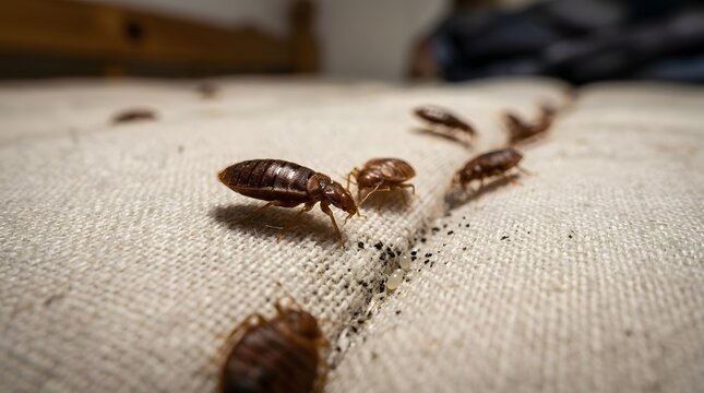Close-up of bed bugs crawling on fabric surface in a home setting