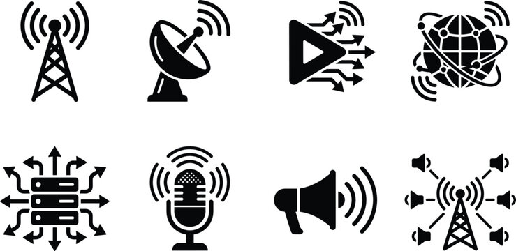 Wireless Communication and Broadcasting Technology Silhouette Icon Set Collection