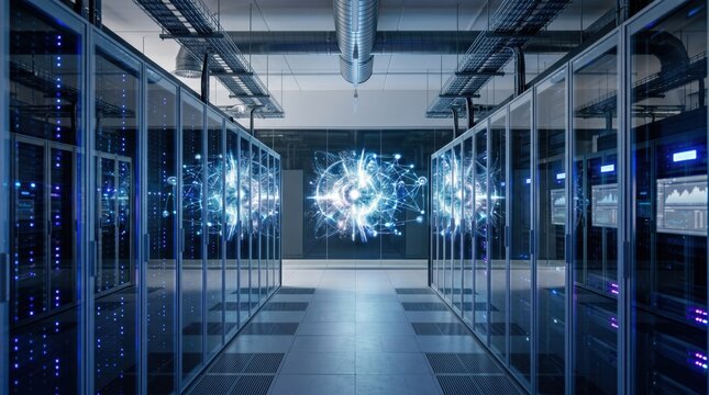 Futuristic server room interior with rows of rack servers, blue digital network connections visualizing big data cloud computing concept