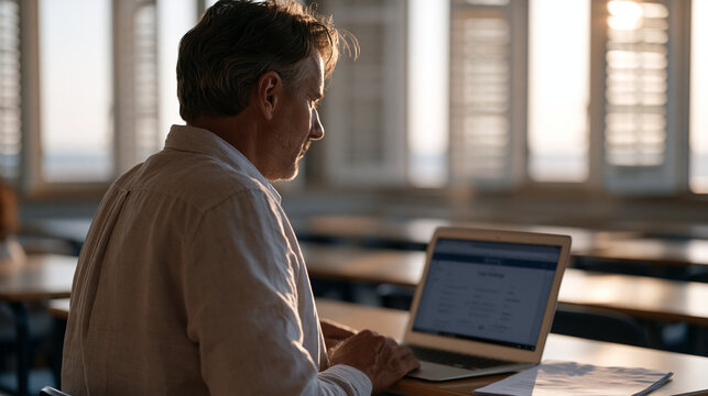 Laptop screen mockup visible over the shoulder of a high school teacher sitting at a classroom desk, the browser showing a grading portal, rows of empty desks behind, late-August