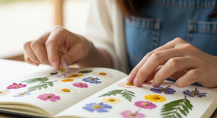 Fototapeta premium Flower pressing in scrapbook by person using colorful petals and leaves, capturing vibrant nature elements while crafting, creating beautiful floral artwork.