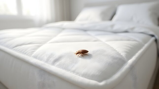 Close-up of a bed bug on a white mattress in a bright room