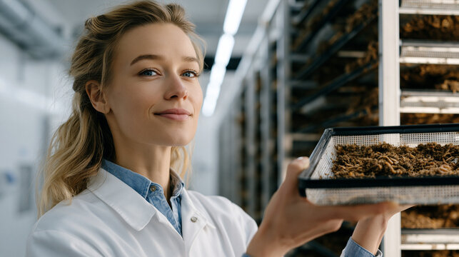 Inside a vertical insect protein farming facility, a production technician lifts a mesh tray of mealworm frass from stacked rearing racks, checking moisture content under